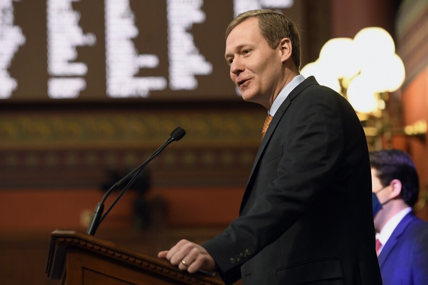 Connecticut Speaker of the House Matt Ritter speaks during opening session at the State Capitol in Hartford, Connecticut.