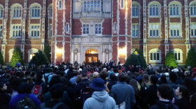Students gather Monday morning outside the University of Oklahoma's main administration to protest a racist video reportedly made by Sigma Alpha Epsilon members.