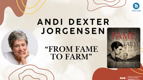 A graphic includes a photo of Andi Dexter Jorgensen and the cover of  her book "From Fame to Farm."