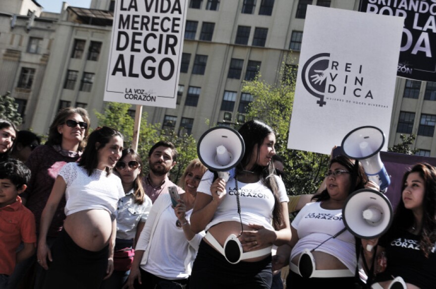 Members of Mujeres Reivindica demonstrating against abortion rights in Santiago, Chile