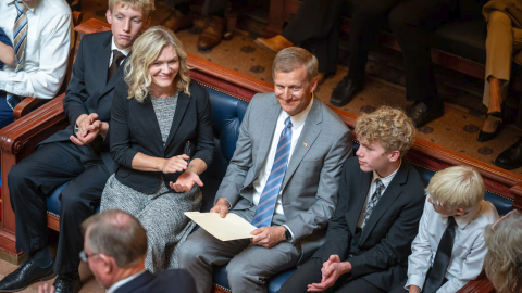 Michael Menssen with his family in the Senate Chamber as he's confirmed to the Utah Supreme Court, at the Utah Capitol in Salt Lake City on Wednesday, Sept. 16, 2026.