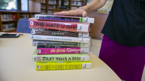 Banned books are visible at the Central Library, a branch of the Brooklyn Public Library system, in New York City on Thursday, July 7, 2022. The books are banned in several public schools and libraries in the U.S.