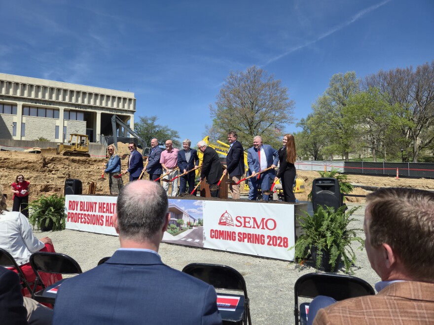 Participants show off commemorative shovels at the Roy Blunt Health Professions Groundbreaking Ceremony on Thursday, April 9, 2026.