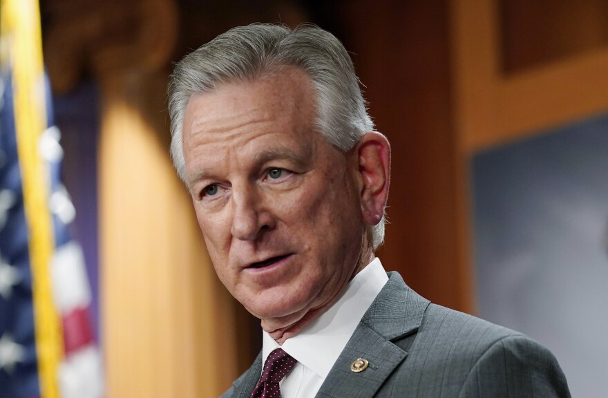 Senator Tommy Tuberville listens to questions during a news conference on March 30, 2022, in Washington.