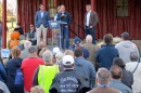 Pennsylvania Gov. Josh Shapiro speaks during Sunday's 'Country over Party' rally at a farm in Lehman Township, Luzerne County. Flanking Democrat Shapiro, from left, are three Republicans: former Georgia Lt. Gov. Geoff Duncan, former New Jersey Gov. Christine Todd Whitman, and former Illinois Congressman Adam Kinzinger.