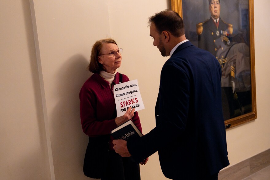 Rosemary Ganz, a 74-year-old Chesterfield resident, speaks to Missouri State Rep. Ben Keathley, R-Chesterfield, about the speaker’s race during the first day of the Missouri legislative session on Wednesday, Jan. 8, 2025, in Jefferson City.