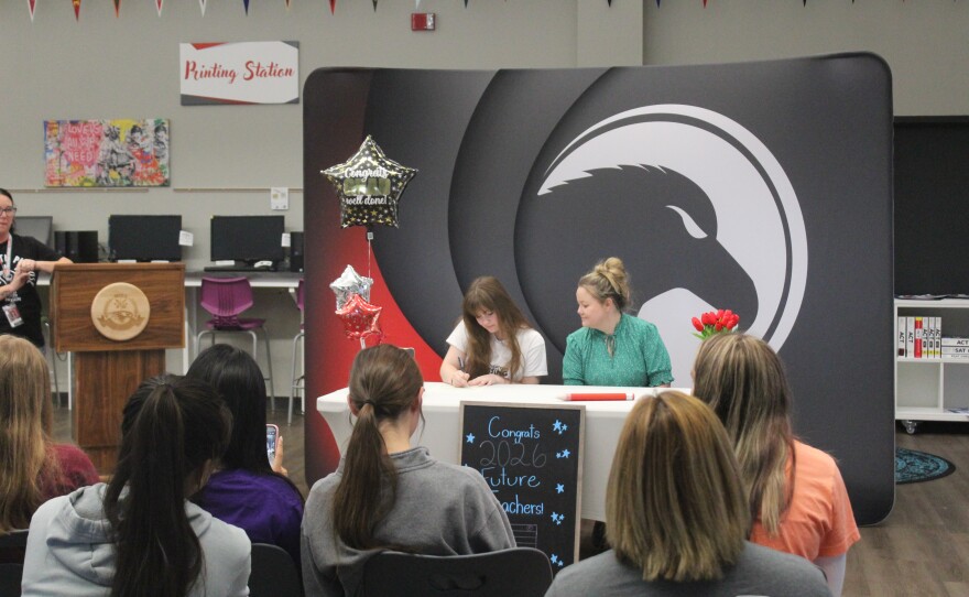 Nixa senior Cloe Salinas takes part in a signing ceremony for future teachers at Nixa High School on May 6, 2026.
