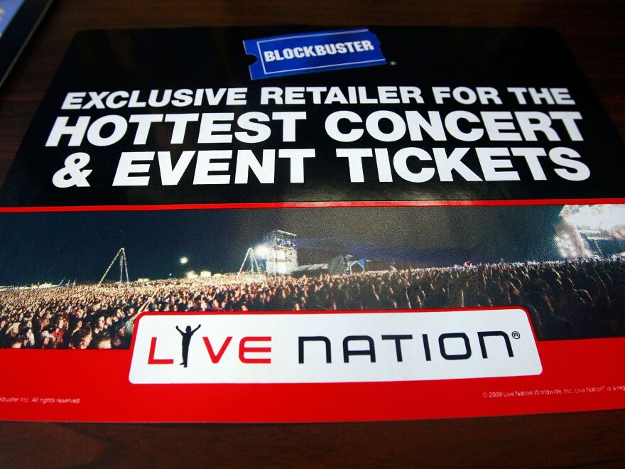 A 2009 Blockbuster sign advertising Live Nation's ticket sales, publicized shortly before the latter company's merger with Ticketmaster.