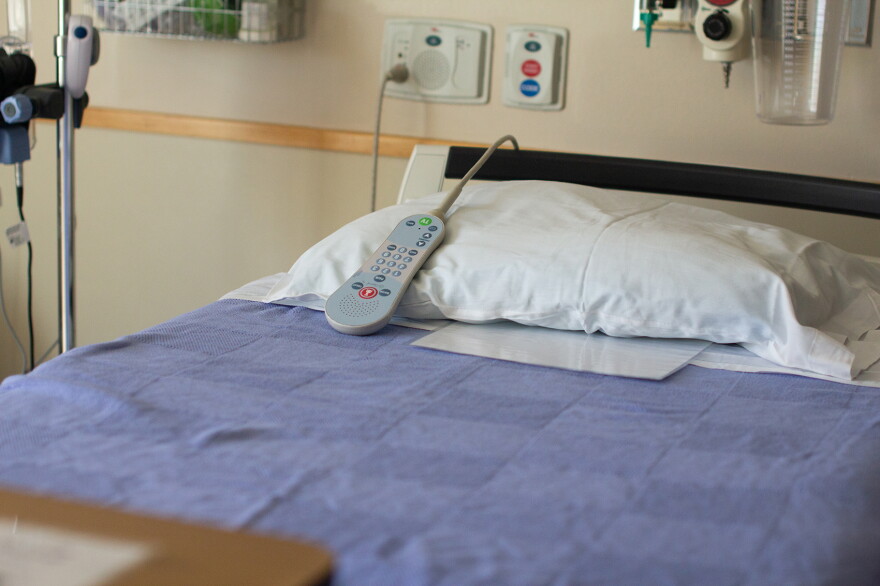 A pillow speaker remote sits on a hospital bed at Syringa Hospital in Grangeville, Idaho on Friday, May 29, 2026.