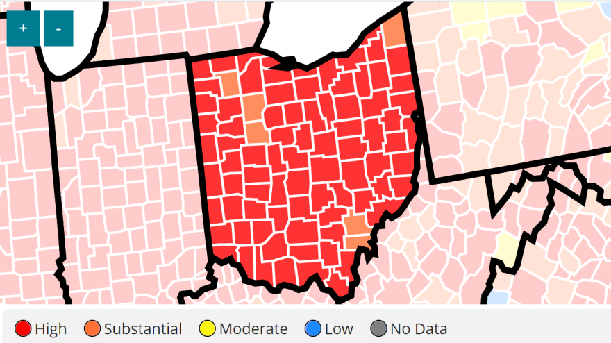 A map showing the high spread of COVID-19 throughout Ohio. 