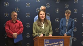 State Representative Penelope Tsernoglou (D-East Lansing) speaks at a February 23, 2026, news conference announcing legislation to put guardrails around AI monitoring of employees' computer use.