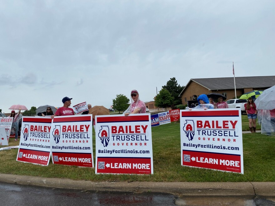 Supporters of Darren Bailey's campaign for Illinois governor gathered outside during a news conference held by GOP opponent Richard Irvin.