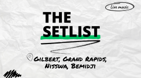 "The Setlist" and "Gilbert, Grand Rapids, Nisswa, Bemidji" written over a crumpled paper background.