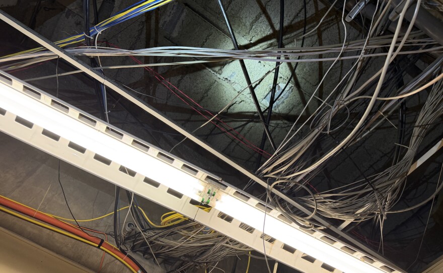 Water leakage is visible above exposed wires in the Franklin County Municipal Court basement.
