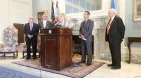 Gov. Mary Fallin, flanked by state officials, unveiled budget proposals Arpl 13, 2016.
