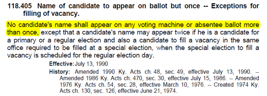 Kentucky law prohibits a candidate from running for two different offices at once. Republican Sen. Rand Paul is running for re-election and is also exploring a bid for president.