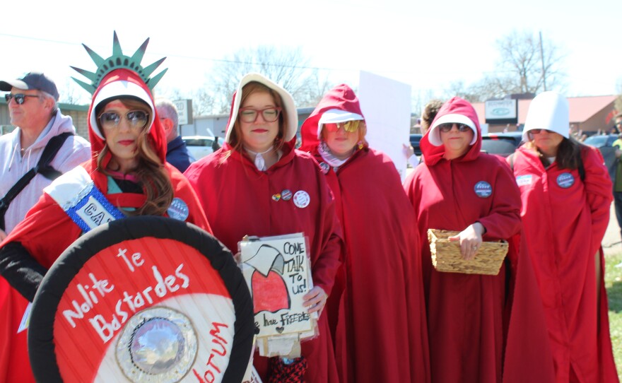 Hillary Wasson from the Handmaid army of Peoria stands with other members of the group at the "No Kings" protest.