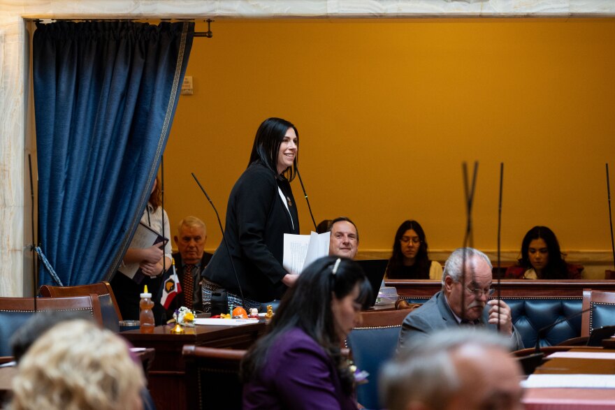Sen. Emily Buss speaks on the Utah Senate floor during the 2026 General Session. Buss is a member of the Forward Party of Utah and the only third-party legislator in the state. A divided political climate could be the opening she and other Forward Party candidates need to gain more ground in Utah politics in 2026.