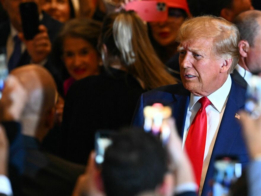 Former President Donald Trump arrives to speak during a press conference following his court appearance over an alleged 'hush-money' payment, at his Mar-a-Lago estate in Palm Beach, Fla., on April 4, 2023.