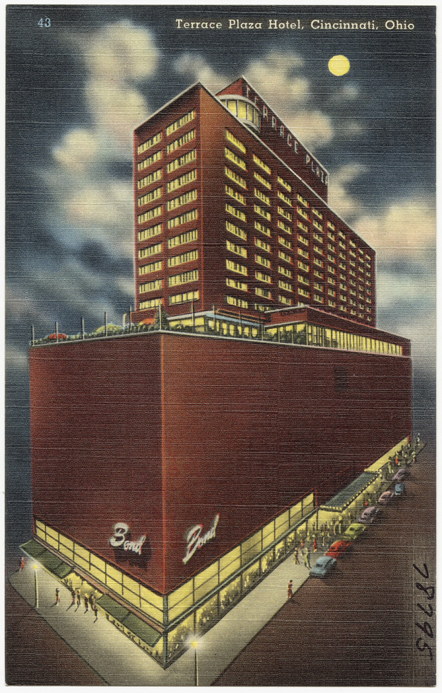A postcard depicts an early representation of the Terrace Plaza Hotel.
