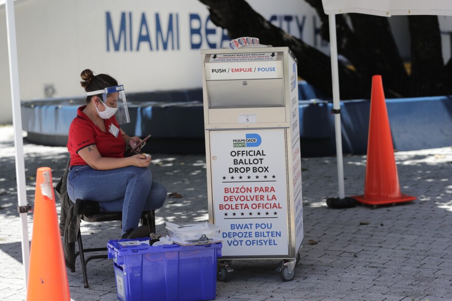 A poll worker wears personal protective equipment as she monitors a ballot drop box for mail-in ballots outside of a polling station during early voting, Friday, Aug. 7, 2020, in Miami Beach, Fla. Florida's primary election is August 18. 