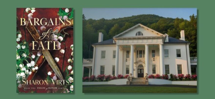 Picture of book cover for Bargains of Fate and a white mansion