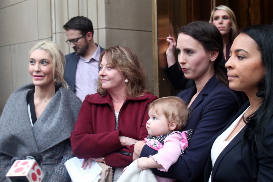 Former gymnasts Sarah Klein, Marcia Frederick, Rachael Denhollander and Tasha Schwikert respond to questions after a meeting with USAG creditors in 2019.