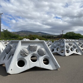 These multi-ton hybrid reef structures will reduce wave energy to slow coastal erosion, and support living coral ecosystems as a part of the Kalaeloa Hybrid Reef Project.