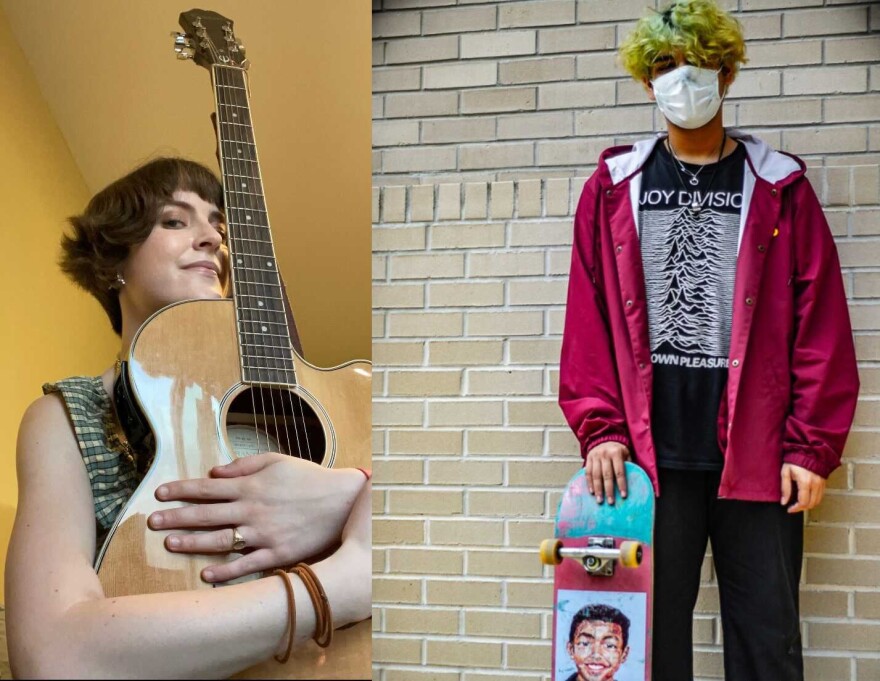 composite of two photos: young woman holds a guitar, young man wearing a mask stands against a wall holding a skateboard