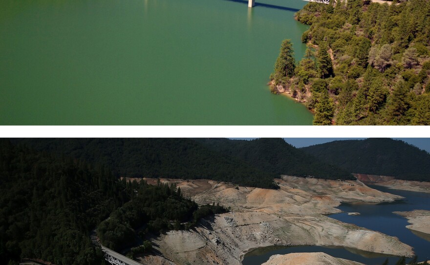 (Top) The Enterprise Bridge stretches over full water levels at a section of Lake Oroville in July 2011 in Oroville, Calif. (Bottom) The same view in a photo taken this summer, after three years of drought.