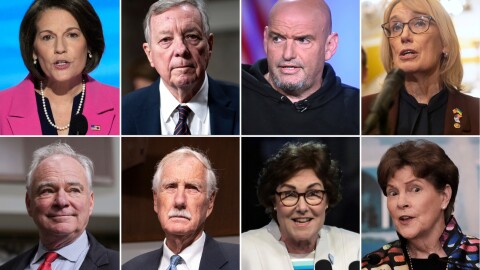 This combination photo of eight senators who are facing criticism from the Democratic Party for their deal to end the government shutdown shows Sen. Catherine Cortez Masto (top row from left), D-Nev., Senate Judiciary Committee Chairman Dick Durbin, D-Ill., Sen. John Fetterman, D-Pa., Sen. Maggie Hassan, D-N.H., and Sen. Tim Kaine (bottom row from left), D-Va., Sen. Angus King, I-Maine, Sen. Jacky Rosen, D-Nev., and Sen. Jeanne Shaheen, D-N.H.