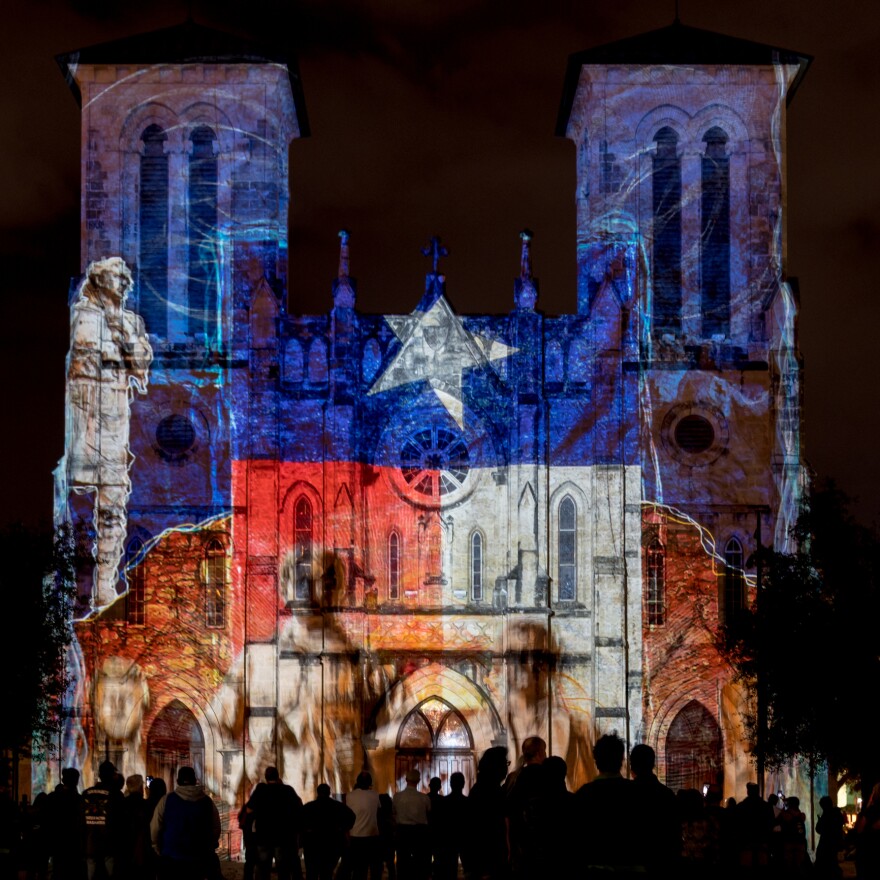 San Antonio, United States: January 21, 2017: San Fernando Cathedral with Texas Flag Lights