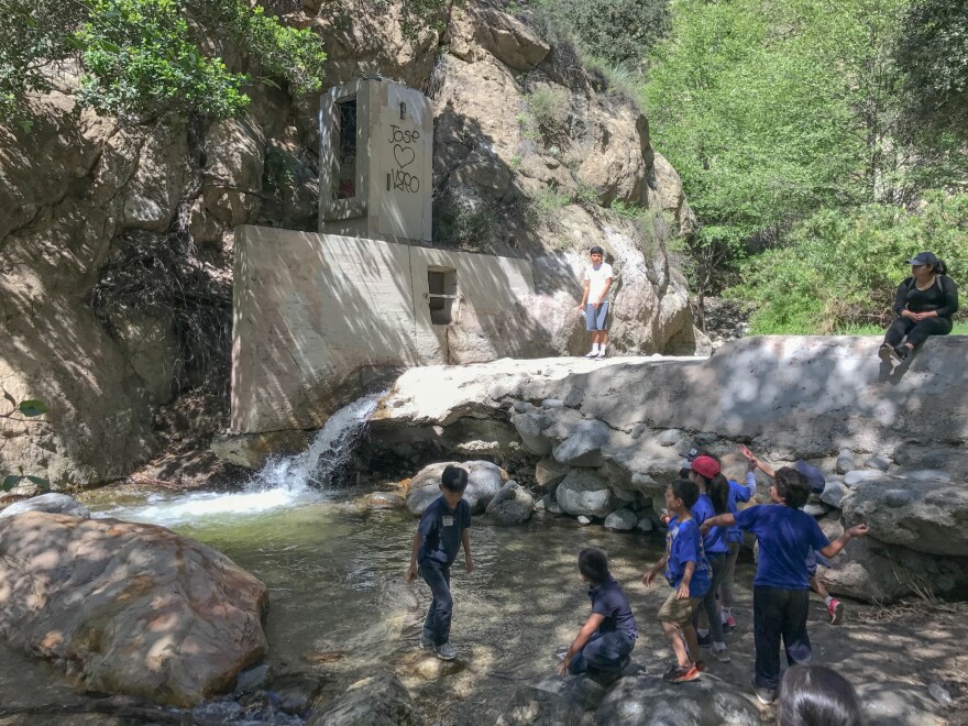 School kids enjoy the water in Eaton Canyon near Altadena, Calif.