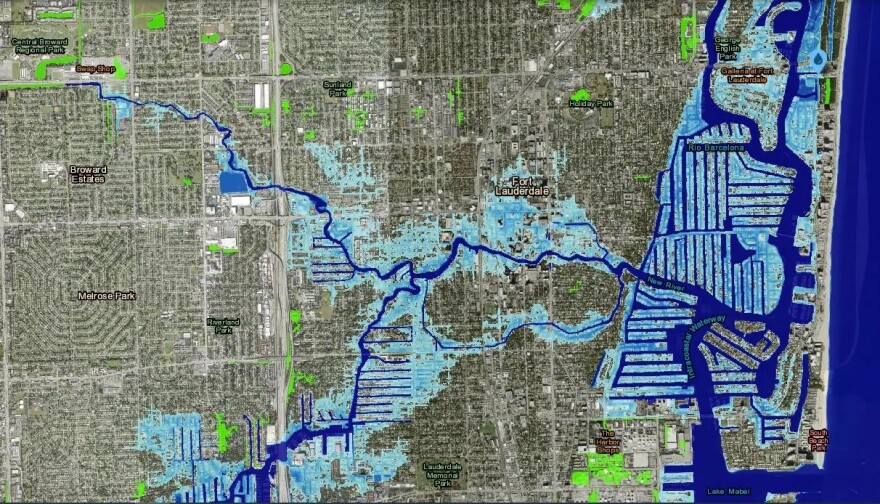 A NOAA map of inundation in Fort Lauderdale with four feet of sea level rise — a possibility by the end of the 21st century. Blue indicates water, green indicates low-lying areas. 