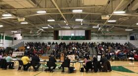 Dwight's village board moved its Monday meeting to Dwight Township High School to accomodate a crowd of several hundred people.