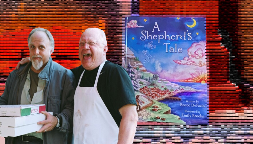 Photo montage of Ray and Rocco, with Rocco's new book, "A Shepherd's Tale" in the background