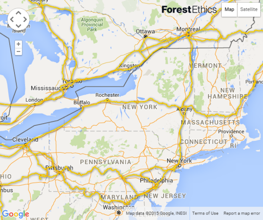 A map on Mothers Out Front's website shows Brakken oil train routes passing through Rochester on their way to the Port of Albany.