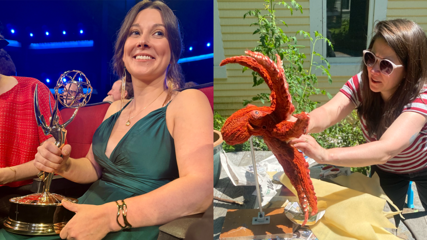 Warren artist and animator Hayley Morris with her Creative Arts Emmy Award for Outstanding Motion Design for her work on the Amazon MGM docuseries Octopus!