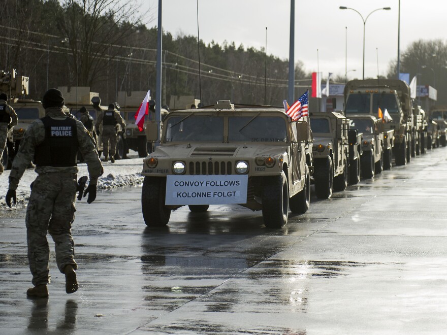 American soldiers are pictured during a welcome ceremony at the Polish-German border in Olszyna, Poland on January 12, 2017. U.S. troops are being deployed in Poland under Operation Atlantic Resolve. The troops will be followed by 87 tanks, 144 Bradley fighting vehicles and 2,500 vehicles being transported by land from Germany.