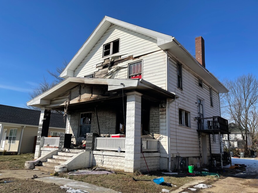 The fire-damaged home at 604 Powell Avenue in Evansville, IN, Feb. 9, 2026