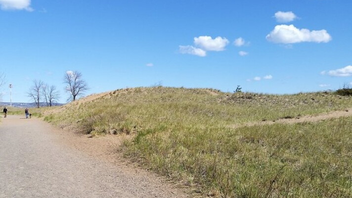 A dirt road next to grass-covered sand dunes under a blue sky