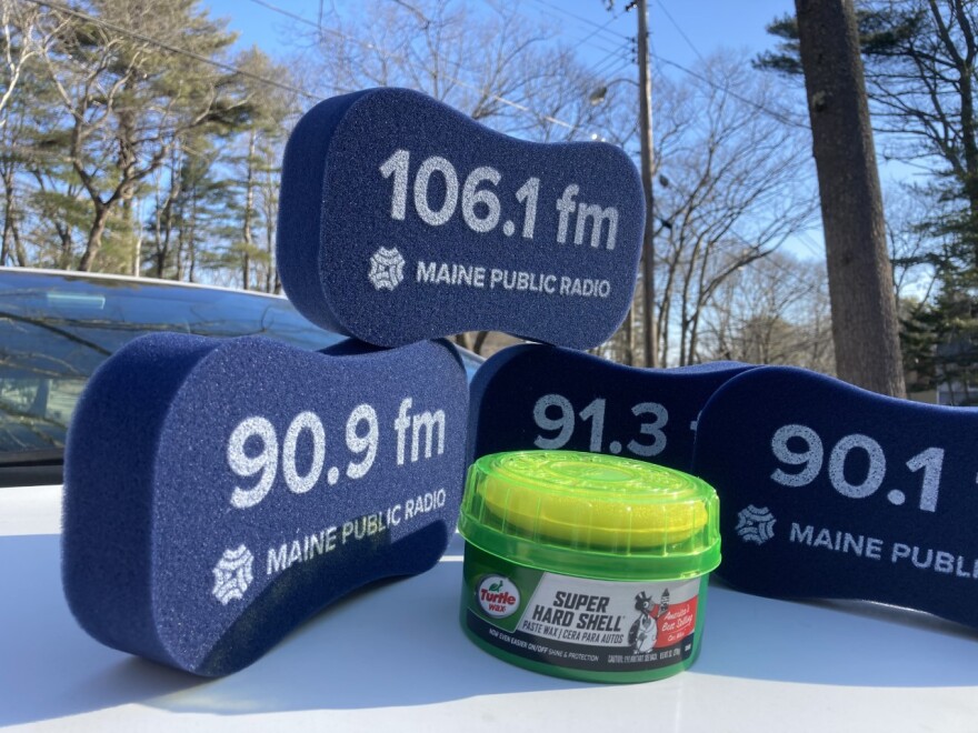 Vehicle Sponges Maine Public Radio frequencies printed on them for a spring 2021 vehicle donation promo