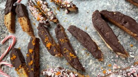 Chocolate-dipped tangerine and toasted pecan biscotti. (Kathy Gunst/Here & Now)