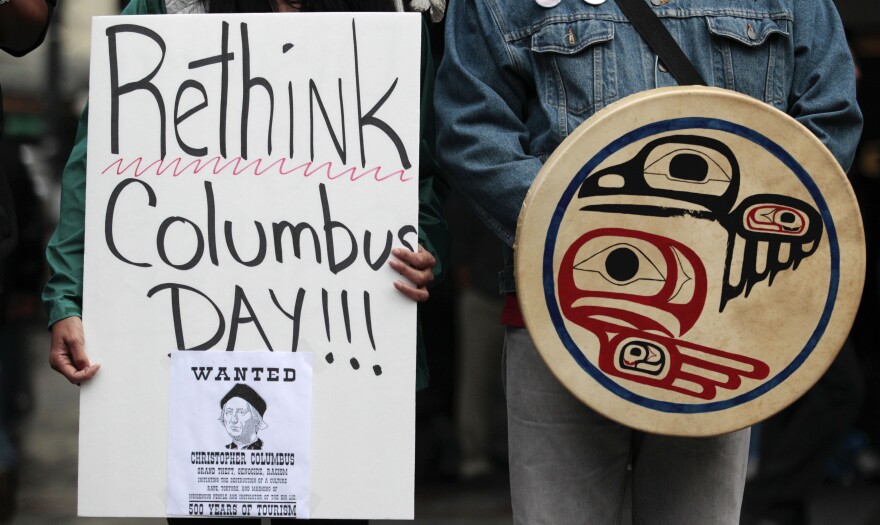 Demonstrators urge passersby to "rethink Columbus Day" during a Native American-led protest of the holiday in Seattle in October 2011. On May 17, 2021, the Oregon Legislature passed a bill recognizing Indigenous Peoples' Day in place of Columbus Day.