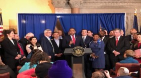 Senate Elections Chair Zellnor Myrie, D- Brooklyn introduces early voting bills. Senate Leader Andrea Stewart-Cousins, left, looks on. 