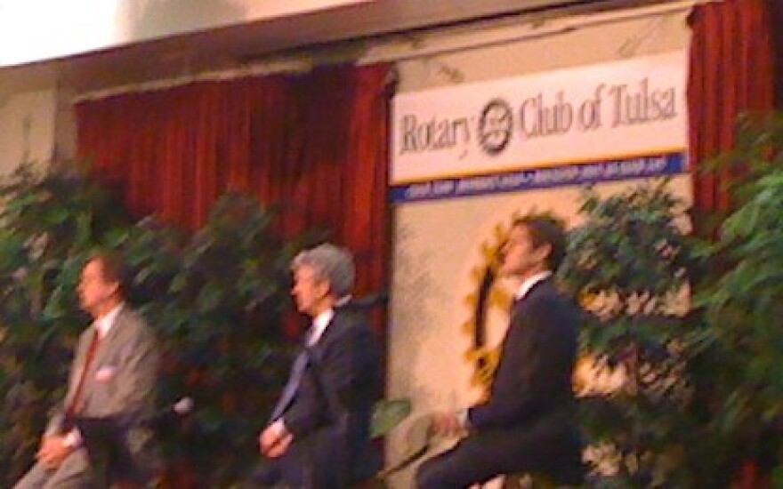 Dewey Bartlett, Tom Adelson and Mark Perkins listen to the first question at a candidate forum.