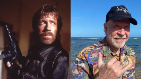 Left: Norris photographed on set of The Delta Force in 1986 (Yoni S. Hamenahem/U.S. Department of War). Right: Norris in Kauai, Hawaii, in March 2025.