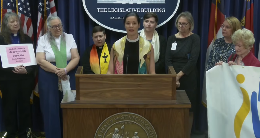 A group of religious leaders joined Rep. Julie von Haefen, D-Wake, second from right, in a news conference support von Haefen's bill to cut funding to crisis pregnancy centers.