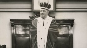 Joe Engel, wearing a costume crown and mantle, in 1960 - when he was presented with the King of Baseball award by the National Association of Professional Baseball Leagues.