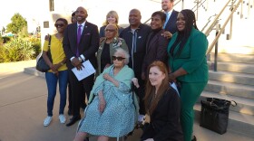 Tulsa Race Massacre survivor Viola Fletcher (center, front) with members of her legal team in front of the Oklahoma Supreme Court building on Monday, Nov. 6, 2023.